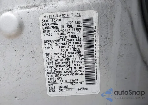 2019 Nissan Rogue Sv z USA, uszkodzony, nr VIN JN8AT2MV4KW380526